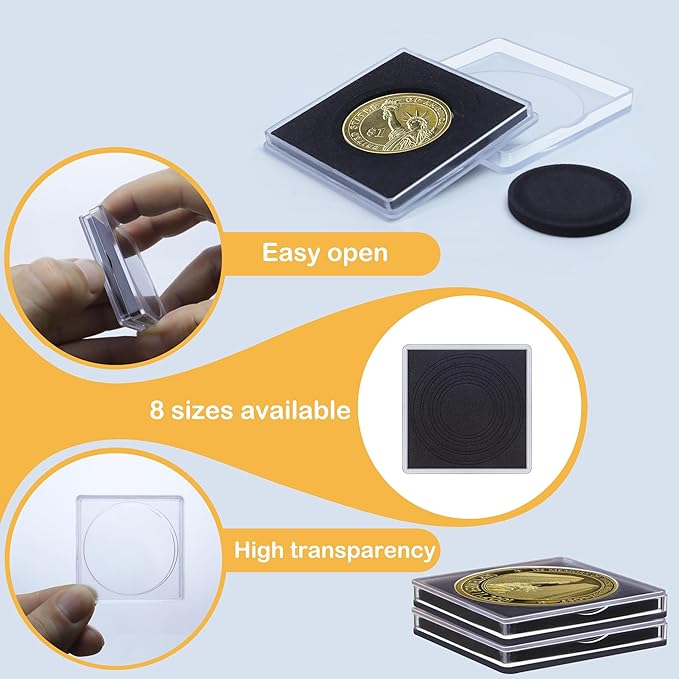 40 Pcs Clear Coin Collection Holders with Sponges 43mm Coin Capsules Morgan Silver Dollar Coin Snap Holder Protectors for Collectors (8 Adjustable Diameters: 19/21.5/24.5/27/31/33/38/40mm) (40)