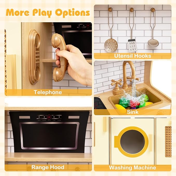 Costzon Kids Kitchen Playset, Wooden Play Kitchen w/Rattan Door, Realistic Lights & Sounds, Water Dispenser, Washing Machine, Cooking Accessories, Montessori Toy for Kids 3+ Year Old (Yellow)