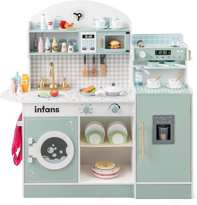 INFANS Kids Kitchen Playset, Toddler Wooden Kitchen Pretend Cooking Toy Set with Coffee Maker Ice Machine Dishwasher Microwave Storage Cabinet, Simulation Play Kitchen for Boys Girls 3+ (Blue)