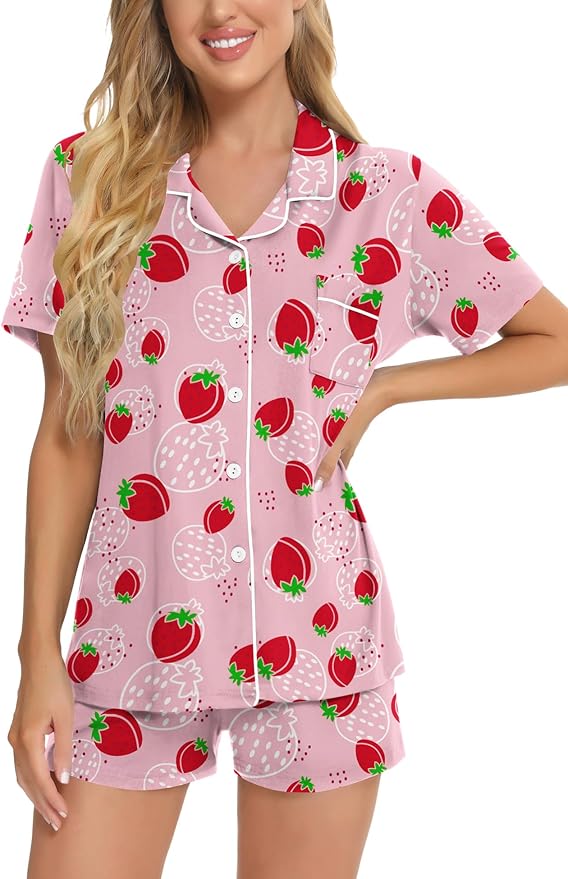 SWOMOG Womens Button Down Pajamas Set Short Sleeve Sleepwear Bride Soft Pj Lounge Sets XS-3XL