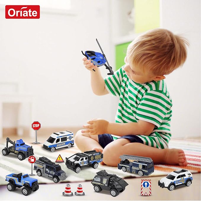Oriate Diecast Police Rescue City S.W.A.T. Car Toys Set w/Heavy Duty Trailer Patrol, 13PCS Alloy Mini Police Vehicles Transport Trailer, Road Signs and Birthday Cake Topper Stickers for Kids