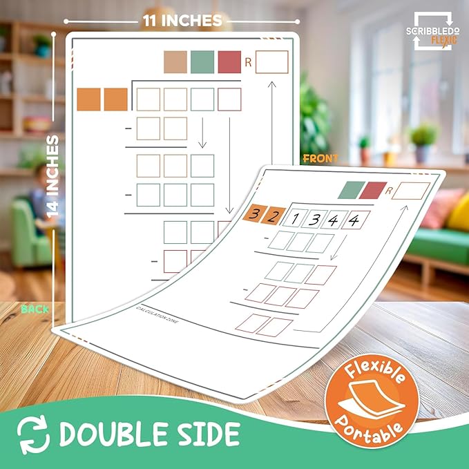 SCRIBBLEDO Long Division Practice 11”x14” Reusable Sheets Math Manipulatives for Classroom Teaching Materials 5th Grade Classroom Must Haves Special Education Math Centers 10-Pack Dry Erase Sheets