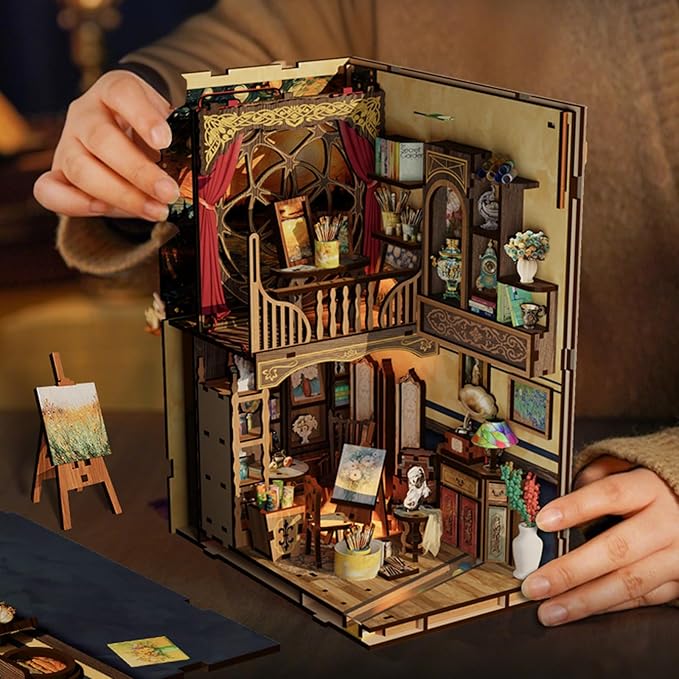 Book Nook Kit - DIY Miniature Dolls House Kit with Furniture and LED Light, 3D Puzzle Wooden Art Bookends, Model Kits for for Adults and Teens (The World in The Picture Frame)