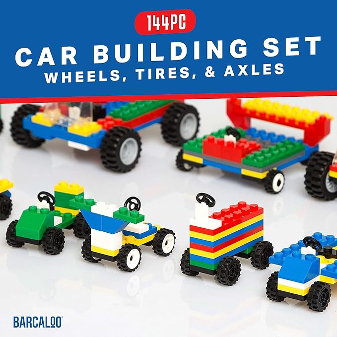 Barcaloo 144 Piece Wheels and Axles Sets, Building Bricks Car Parts and Pieces Kit - Car Building Set with Wheels, Axles & Windshields