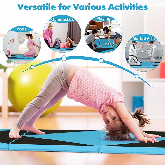 Giantex 4'x10'x 2" Gymnastics Mat, 4-Panel Folding Aerobics Exercise Mat w/Hook & Loop Fastener, Carrying Handle, Portable Tumbling Mat for Stretching Yoga Cheerleading Martial Arts