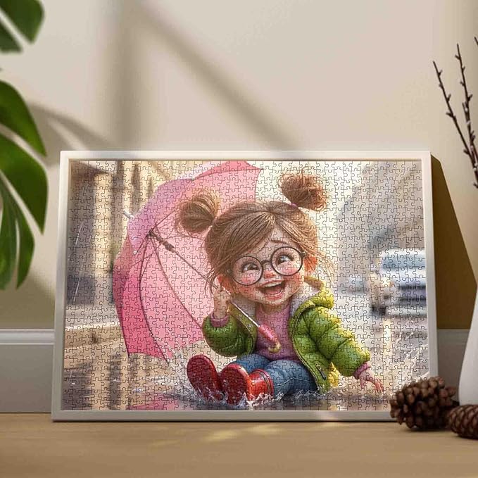 Tucocoo Cute Cartoon Jigsaw Puzzle for Adults 1000 Piece, Girl in Rain with Umbrella, Fun Whimsical Rainy Day Scene Puzzles, Colorful and Challenging Puzzle Gift for Adults, Teens, and Puzzle Lovers