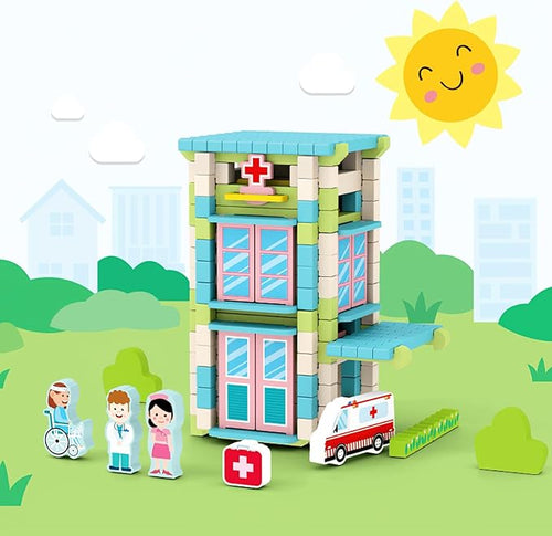 123PCS Wooden Building Blocks Set for Toddlers, Construction City Stacking Toys, Preschool Learning Educational Toys for Kids 3+ Years Girls and Boys (Hospital)