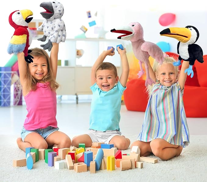 Puppets bird Flamingo Hand Puppet,13.8"Animal Puppet Flamingo Hand Puppets Stuffed Animal Puppet for Kids with Movable Mouth,Puppet Plush Multi-color Toys Bird Puppet Role Play Teaching(Pink)