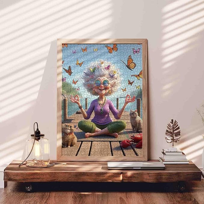 Funny Grandma Meditation Yoga Jigsaw Puzzle for Adults Students 1000 Pieces Butterfly Cat Lobster Relaxing Lake Scenery Whimsical Animals 20×27 Inches Large Puzzle Brain Challenge Gift for Women Men
