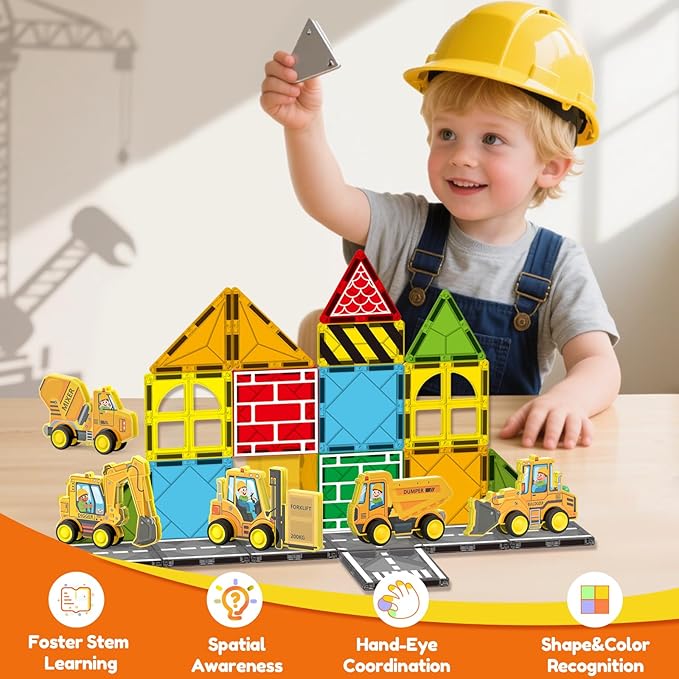 Oriate Magnetic Tiles Engineering Construction Vehicle Road Set,Kids Toys Games with Magnetic Blocks STEM Educational,City Sensory Magnet Tiles,Birthday Gifts for Kids ages 3+ Boys Girls Toys with Car