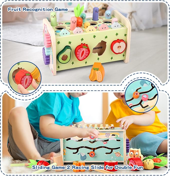 10 in 1 Montessori Toys for Toddlers, Wooden Hammering Pounding Toy with Whack A Mole Game, Xylophone, Fishing and Fruit Recognition Baby Brithday for Toddlers
