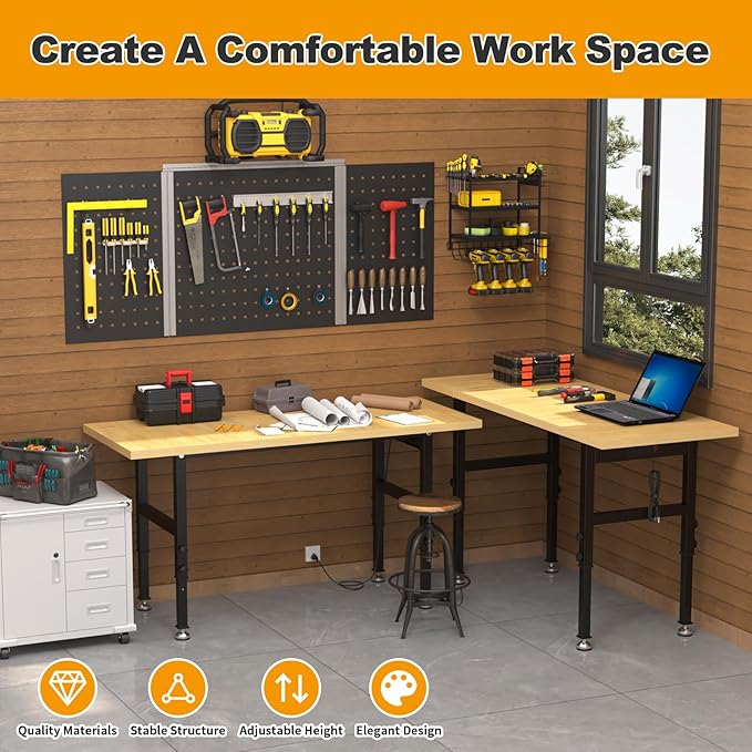 48" Adjustable Workbench for Garage, Heavy-Duty Work Bench, 2000 LBS Worktable with Power Outlets, Portable Chipboard Work Station for Repair Shop, Workshop, Office