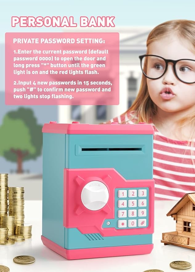 Piggy Bank for Girls Boys Large Electronic Money Coin Banks with Password Protection, Automatic Paper Money Scroll Saving Box, Great Gift for Kids(Pink-Blue)