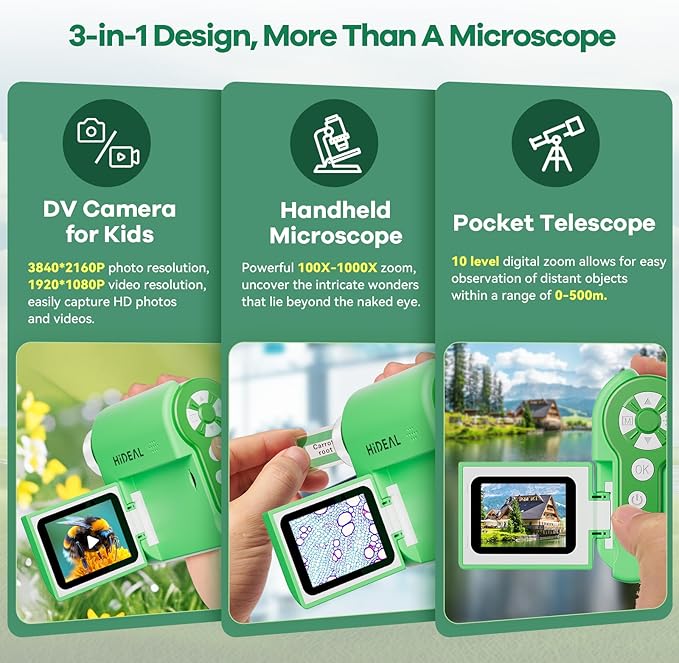HP20 IPS Microscope for Kids: [3-in-1] [Easy and Fun] 2" Portable Handheld Microscope Miniscope, Pocket Mini Scope Educational Science Kit, Christmas Birthday Gifts for Kids, 32GB, Green