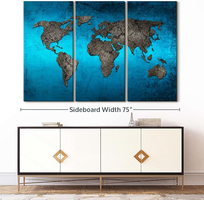 ElephantStock Ocean World Map Multi Piece Canvas - 3 Panel Wall Decor - Map of the World Art - Canvas for the Office and Home - 74" X 48"
