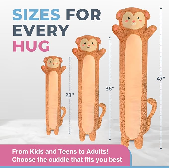 Monkey Plush Body Pillow for Kids | Long Stuffed Animal Cuddle Pillow | Soft Hugging Toy | Plushie Gift for Girls & Boys | Long Plush Body Pillow for Sleep & Comfort | Small, 23 Inches