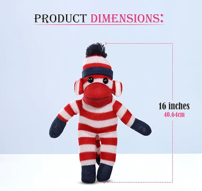 Adorable Sock Monkey, The Original Traditional Hand Knitted Stuffed Animal Toy Gift-for Kids, Babies, Teens, Girls and Boys Baby Doll Present Puppet (16" Red)