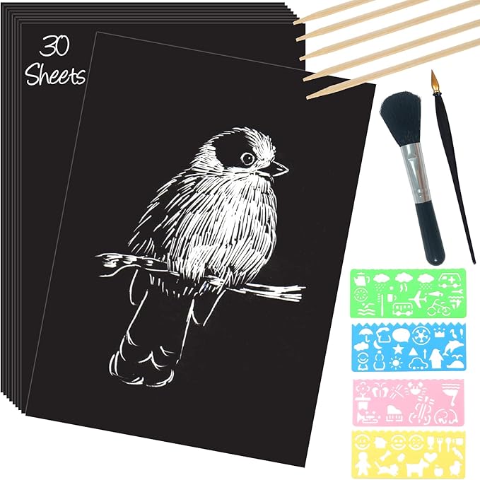 ZOCONE Scratch Paper Art Set, 30 Sheets 8x11in Black Coated Scratchboard Large Scratch Paper with Wooden Styluses and Stencils, DIY Scratch Painting Art Paper for Kids Adults Birthday Christmas Gift