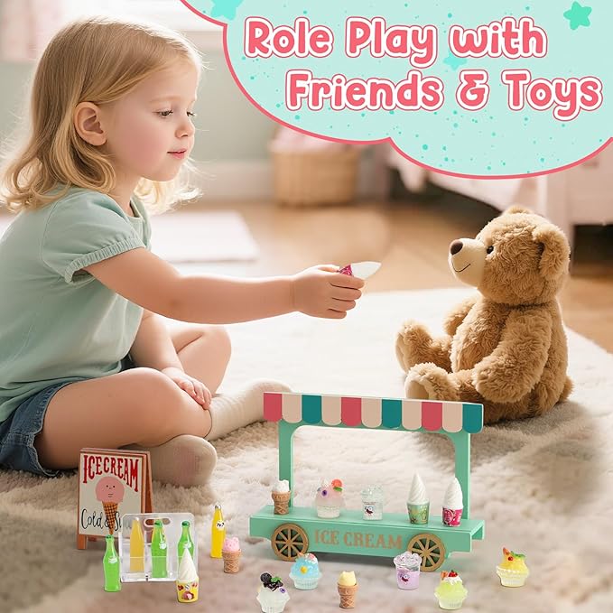 Mini Ice Cream Toy Sets for Play Kitchen - Miniature Food Truck with Wooden Cart, 7 Smoothies, Cones & Drink Bottles for Dollhouse Decor, Food & Accessories, Role Play Birthday Gift for Girls & Boys