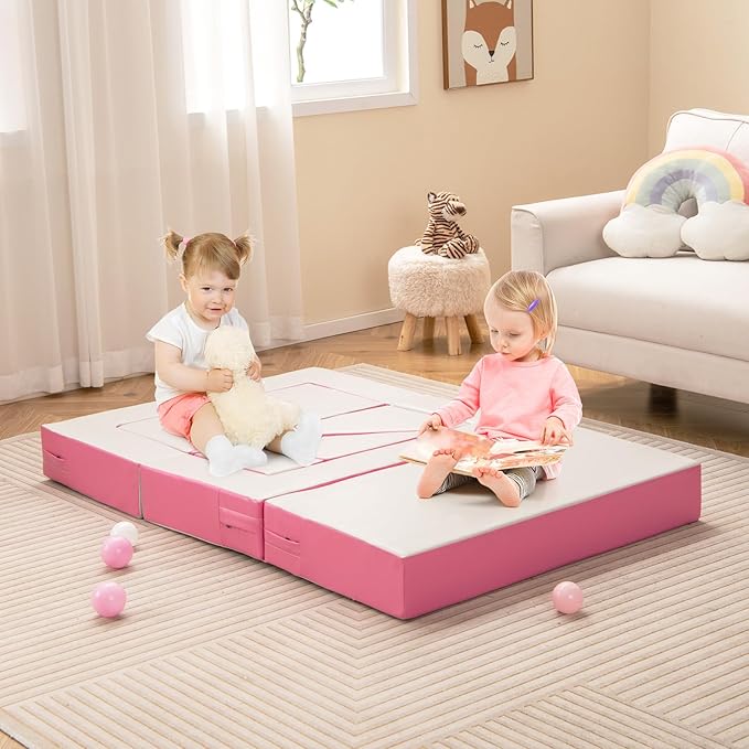 Costzon Climb and Crawl Foam Set, 4-in-1 Convertible Furniture Into Toddler Bed, Sofa, Table, Activity Play Blocks, 8-Piece Lightweight Colorful Interactive Set for Baby and Preschooler (Pink)