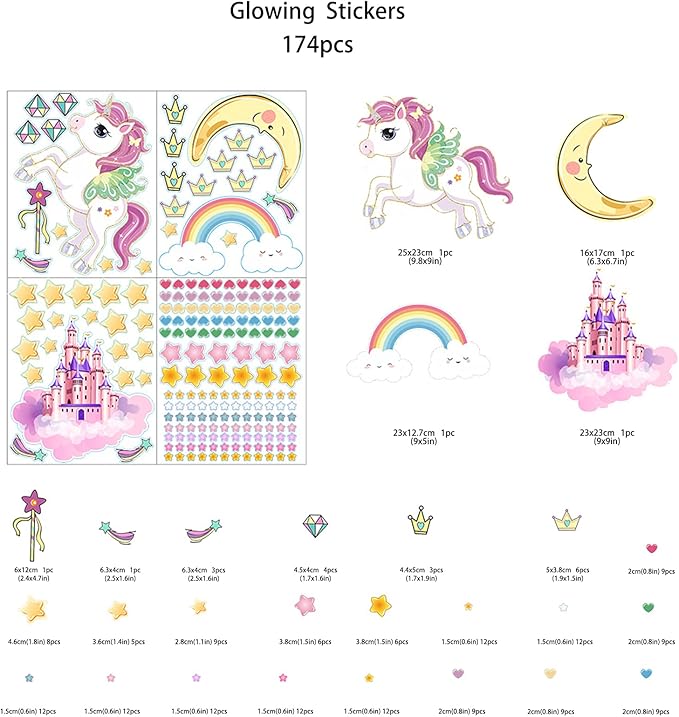 Glow in The Dark Stars and Unicorn Wall Decals, Glowing Castle Moon and Rainbow Stickers, 174 pcs Luminous Ceiling Decor for Kids Bedroom, Great Wall Decor for Girls and Boys Gift