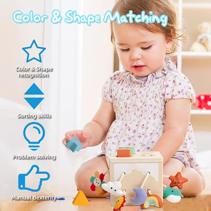 Pull String Activity Toy, Montessori Toys for Babies 6-12 Months, Wooden Activity Cube Baby Sensory Toys for 1 Year Old Boy Girl, Early Learning Baby Infant Toy 6 to 12 Months
