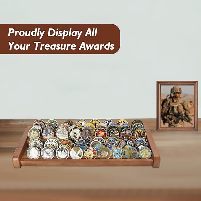 8 Rows Solid Wood Challenge Coin Display Stand - Military Holder for Up to 60-70 Coins - Ideal Rack for Army Navy Marine Corps Law Enforcement Collectors, Walnut Finish