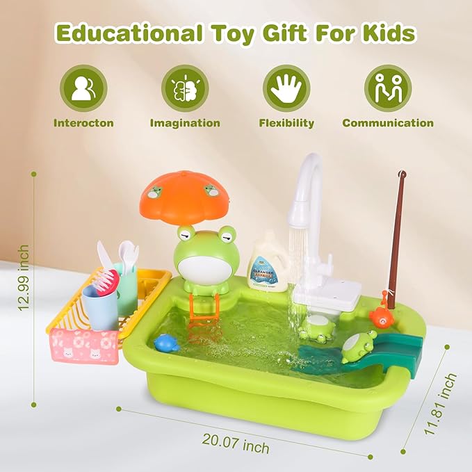 Play Sink with Running Water, Kitchen Sink Toy with Functional Faucet, Play Food and Kitchen Accessories, Floating Fishing Water Toy for Toddler, Pretend Play Dishwasher for Kids