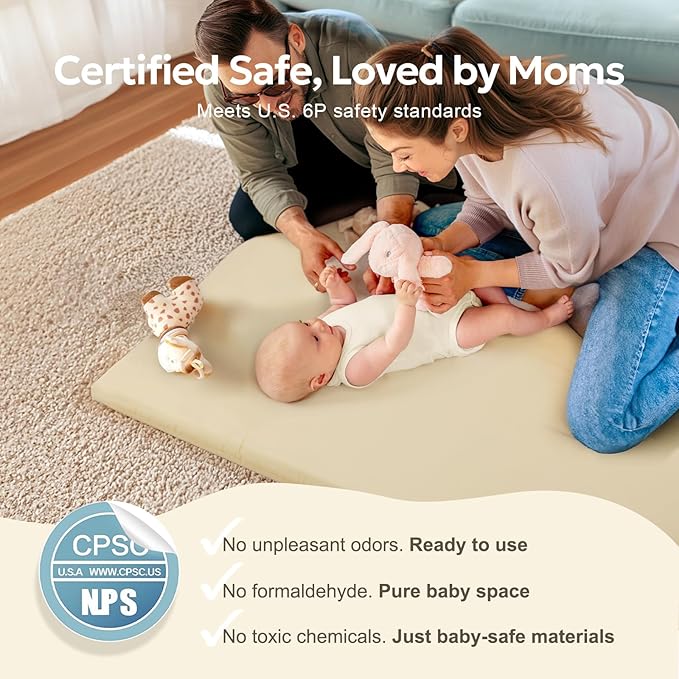 Mallify Baby Mat for Floor, Thick Soft Non-Toxic Vegan Leather Baby Play Mat, Waterproof Foam Play Mat, Padded Play Mat for Baby, 48x48 Playpen Mat, Infant Playmat for Baby Girls and Boys, Beige
