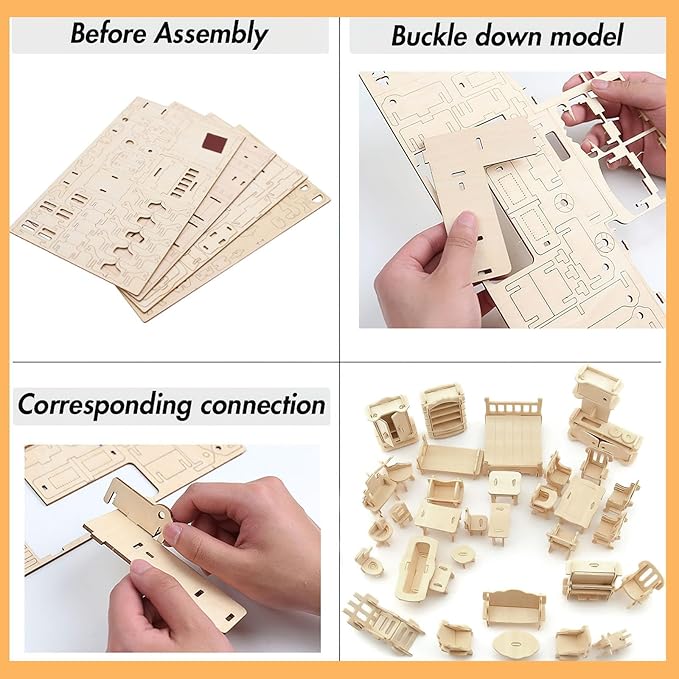 LOVEINUSA DIY Wooden Dollhouse Furniture Set, 3D Puzzle Miniature Room Accessories, Natural Wood