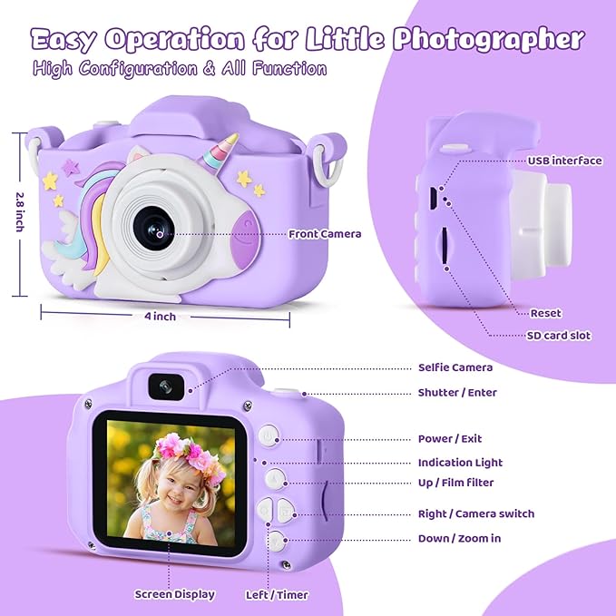 Upgraded 48MP Kids Camera for Girls Boys 3-12, Video Selfie Camera-Christmas Birthday Gift for Toddler, HD Digital Camera Toy for Child with 32GB SD Card & Silicone Cover (Purple)