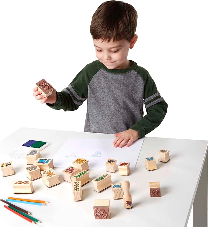 Melissa & Doug Stamp-a-Scene Stamp Set: Rain Forest - 20 Wooden Stamps, 5 Colored Pencils, and 2-Color Stamp Pad