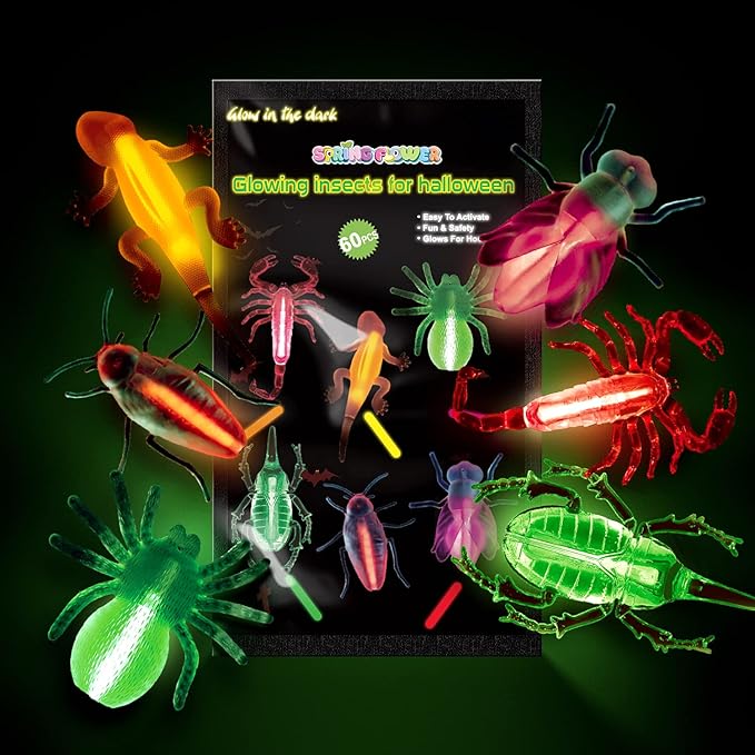 SpringFlower 60pcs Halloween Glow Critters Set for Halloween Party Favors,18 Critters Toys and 42 Glow Sticks, Glow in The Dark Party Favors, Halloween Goodie Bag Fillers, Halloween Miniatures.