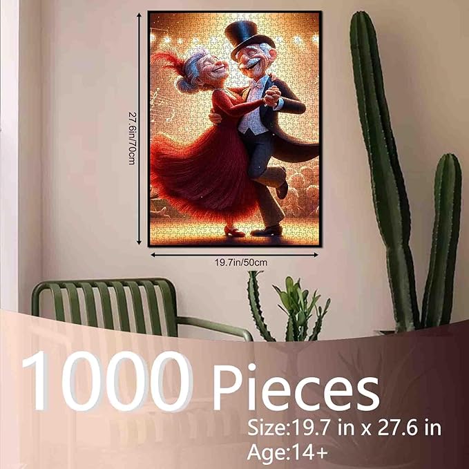 Romantic Elderly Couple Dancing Scene 1000 Piece Jigsaw Puzzle for Adults Students Challenging Colorful Vintage Theater Style Puzzles Artwork Home Wall Decor Brain Training Game Gift 20×27 Inches
