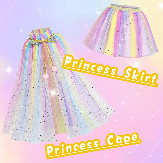 Princess Cape Set for Little Girl, 11PCS Princess Dress Up Clothes Cape Clock with Skirt for Girl 3-8 Birthday Gift