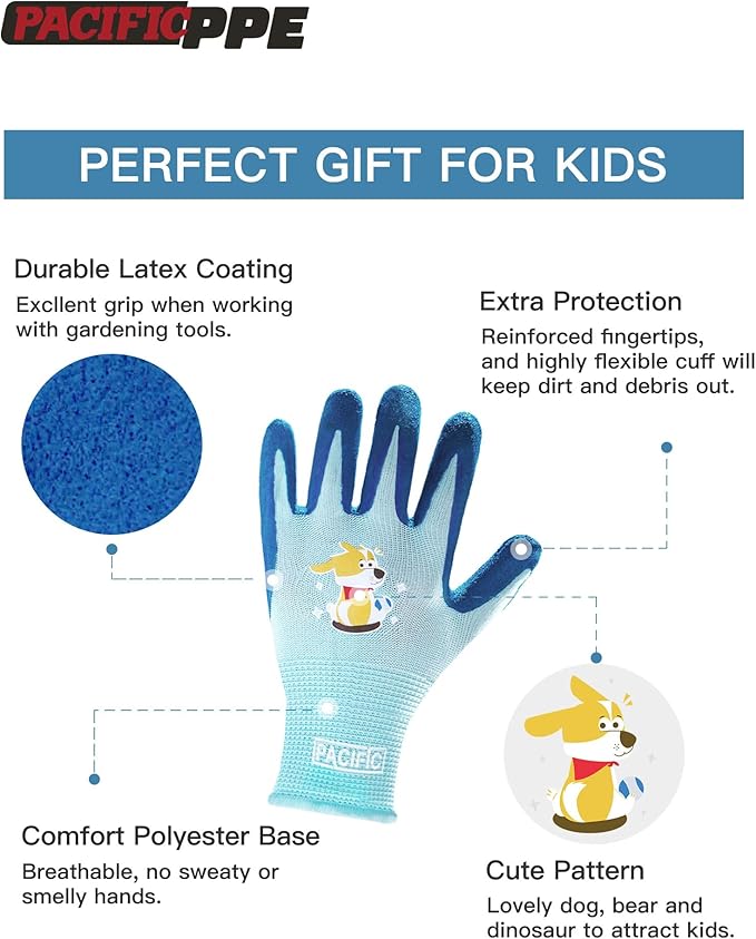 PACIFIC 3 Pairs Kids Gardening Gloves for Age 3-6, Toddler Rubber Coated Garden Gloves, Kids Work Gloves, for Children, Boys and Girls, Multicolor, XXXS