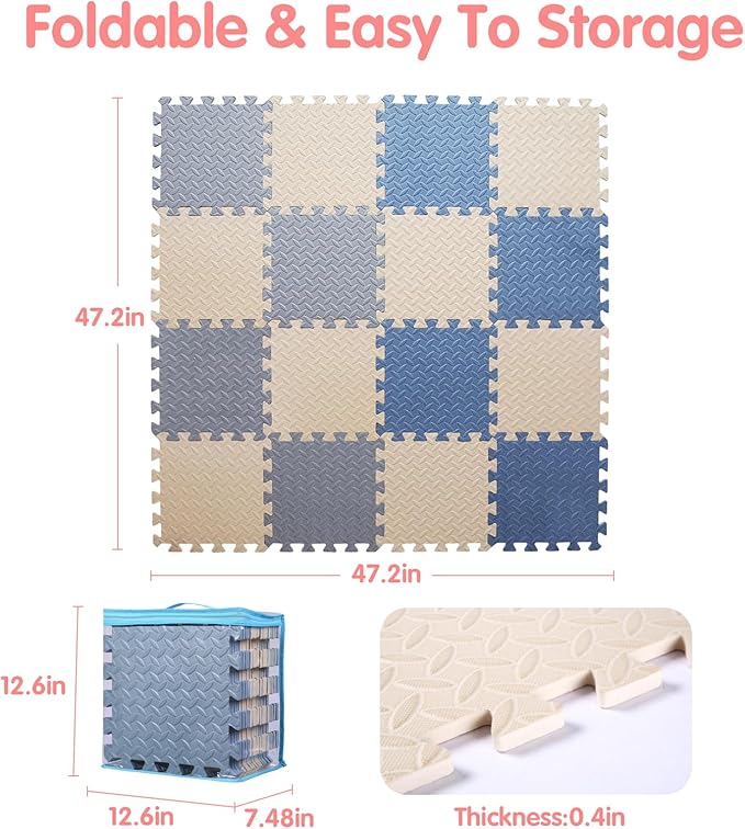 Play Mat for Babies, Solid Colored Foam Floor Mat, Non-Toxic Interlocking Puzzle Floor Mats, 0.4" Thick Square Kids Playmat丨47x47 Play Mat for Playpen (Beige/Gray/Gray Blue)