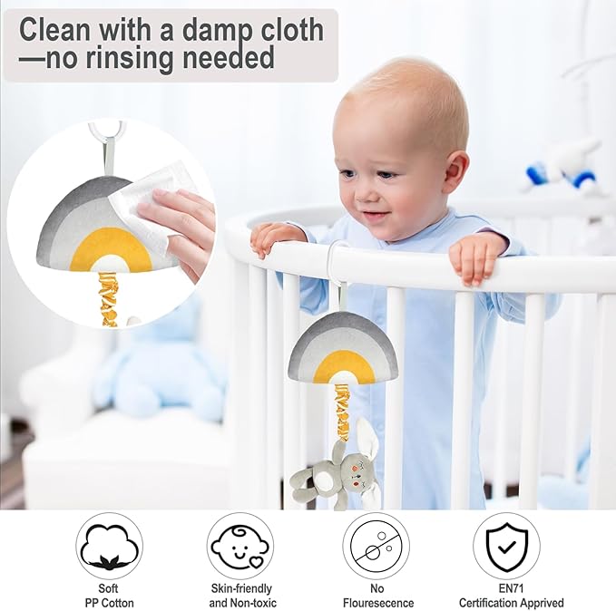 Baby Hanging Rattle Toys, Baby Lullaby Pull Musical, Soft Plush Early Development Stroller Car Toys with Squeaker for Infant (Rabbit)