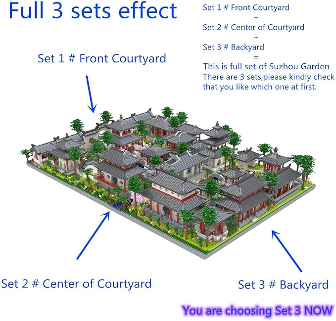Architecture Chinese Style of Suzhou Garden,Set 3 Backyard, Micro Block,Classical Famous Building Block Set,Asian Cultures,3988 PCS for Adults and Teens