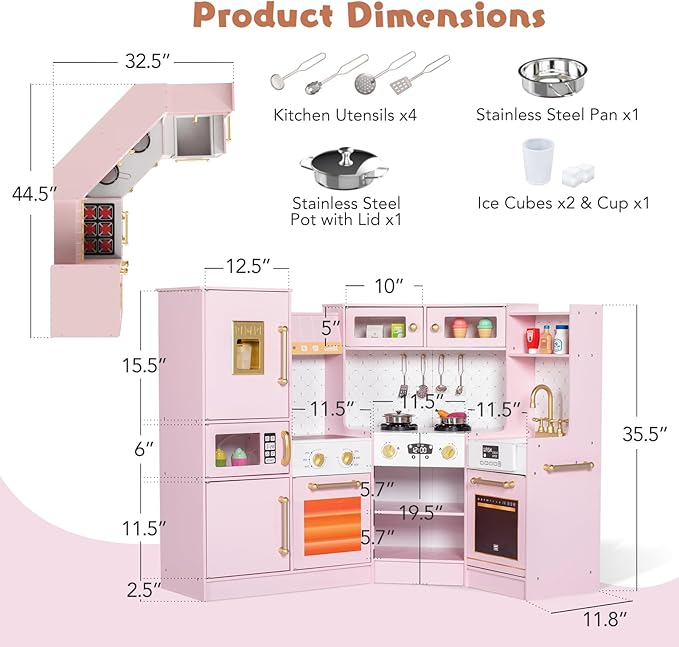 Corner Play Kitchen for Kids, Wooden Toddler Kitchen Playset with Ice Maker, Oven, Sink, Range Hood with Light, Ultimate Pretend Play Toy Kitchen Set Gift for Boys Girls Age 3+, Pink