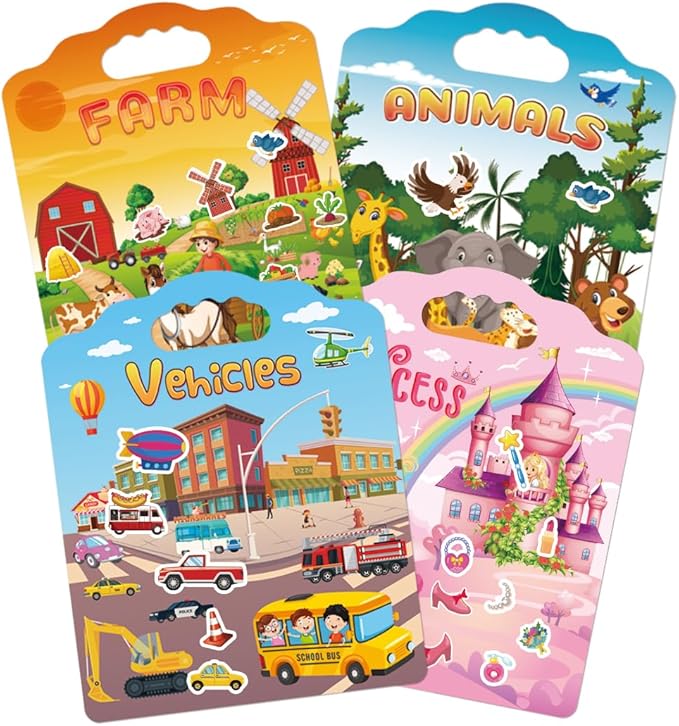 4 Set Reusable Sticker Books for Toddlers 2-4 Years, Reusable Toddler Sticker Book, Kids Puffy Activity Books Set Include Princess,Animal,Farm,Vehicles
