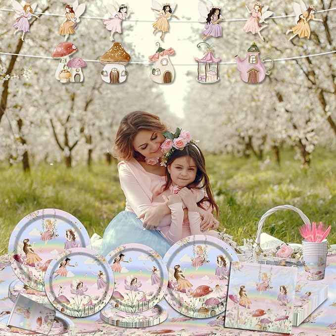 Fairy Party Decorations Tableware, 142pcs Fairy Birthday Party Decorations Plates and Napkins Cups Tablecloth Flower Fairies Banner for Enchanted Forest Garden Birthday Baby Shower Decorations