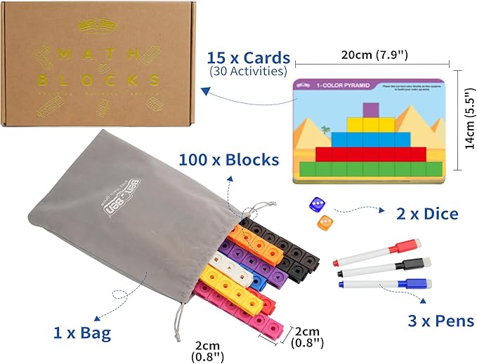 BenBen Math Manipulatives Blocks, 100pcs Number Counting Cubes, with 15 Game Cards & Storage Bag, 3-8 yrs Kids STEM Educational Toys, Homeschool Preschool Kindergarden Learning Activity Supplies