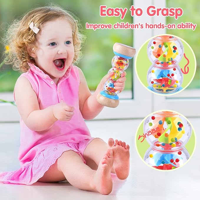 Rainmaker - Montessori Baby Toys for 6-12 Months 1 Year Old, Newborn Baby Rattle Shaker Sensory Toy, 7 inch Wooden Rain Stick Baby Musical Toys for 6 7 8 9 10 Month Infant Toddlers Gift