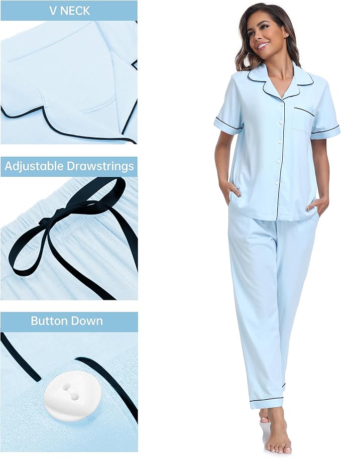 CF Womens 100% Cotton Pajamas Set Button Down Pjs Sets Short Sleeve Top & Long Pants Sleepwear Comfy Loungewear with Pockets