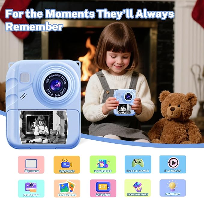 Instant Print Camera for Kids, 1080P Video Camera with 3 Print Rolls, 32GB Card & Cute Cover, Gift for Girls Boys Age 3-12, Toddler Digital Camera with Games, Filters, Music – Blue