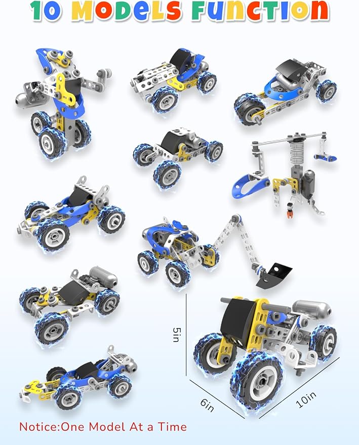 STEM Toys for 5 6 7 8+ Year Old Boy, 10 in 1 Electric Building Toys for Kids Ages 4-8 5-7 6-8, Educational Racing Construction Science Kit for Boys 4-6 8-10, Creative Activities Holiday Birthday Gift