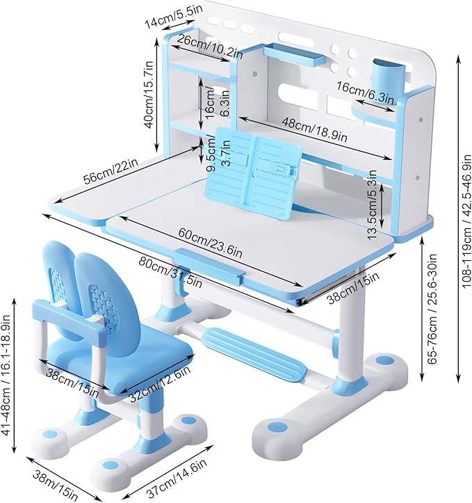 2025 NEW Kid's Study Desk and Chair Set, Ergonomic Height Adjustable Children Study Desk with Tilt Desktop, Book Stand, Light, Metal Hook and Storage Drawer,Gift for Boys Girls (Blue 119cm lean)