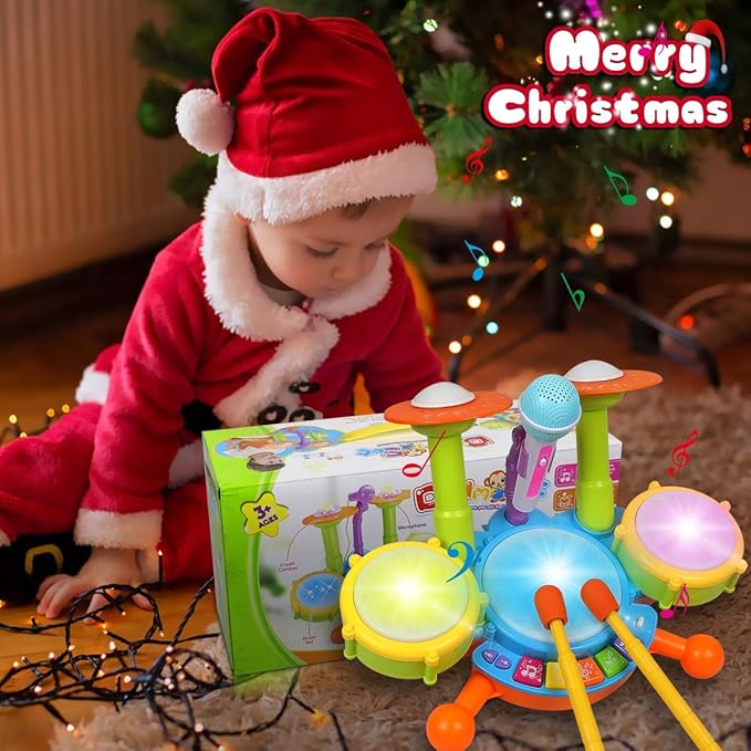 POKONBOY Kids Drum Set for Toddler 1-3, Musical Instruments Learning Toys with 2 Drum Sticks Adjustable Microphone Birthday for Boys Girls 6 12 18 Month (Yellow)