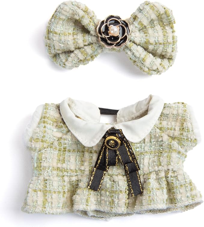 17cm Doll Clothes for Labubu - Luxury Chic Style Set for 17cm Dolls, Premium Doll Outfit with Accessories - Green Plaid Tweed Dress + Black Necktie + Plaid Bow (Clothes Only)